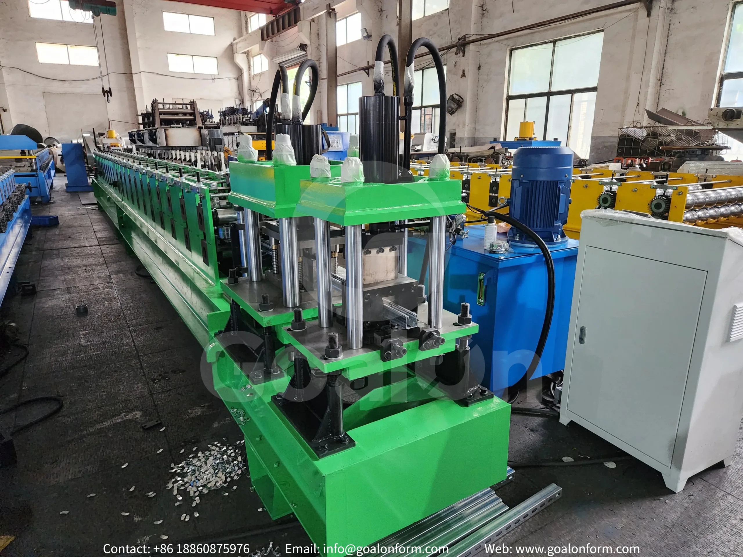Hydraulic punch machine integrated with strut channel roll forming line
