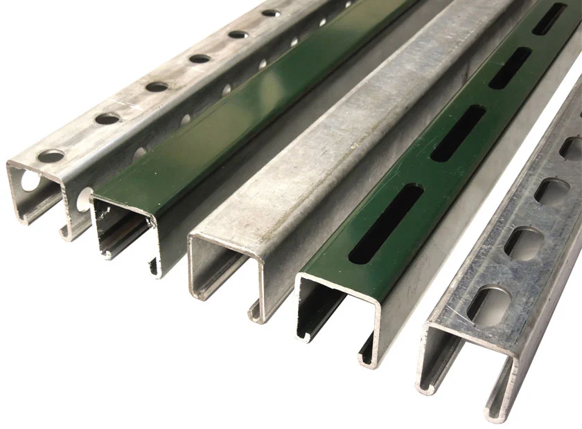 Different strut channel punching styles with round holes and slotted hole patterns
